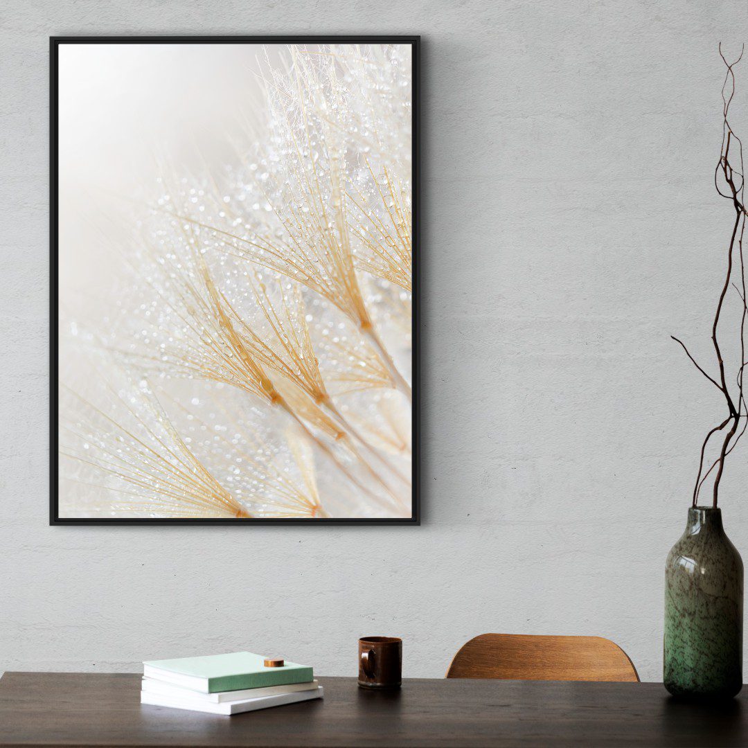 Quadro Decorativo Flor Dente de Leão em Tons de Branco e Dourado