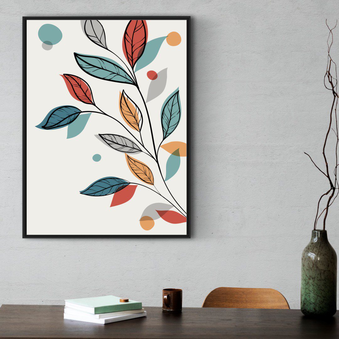 Quadro com Desenho Botânico com Folhas Coloridas