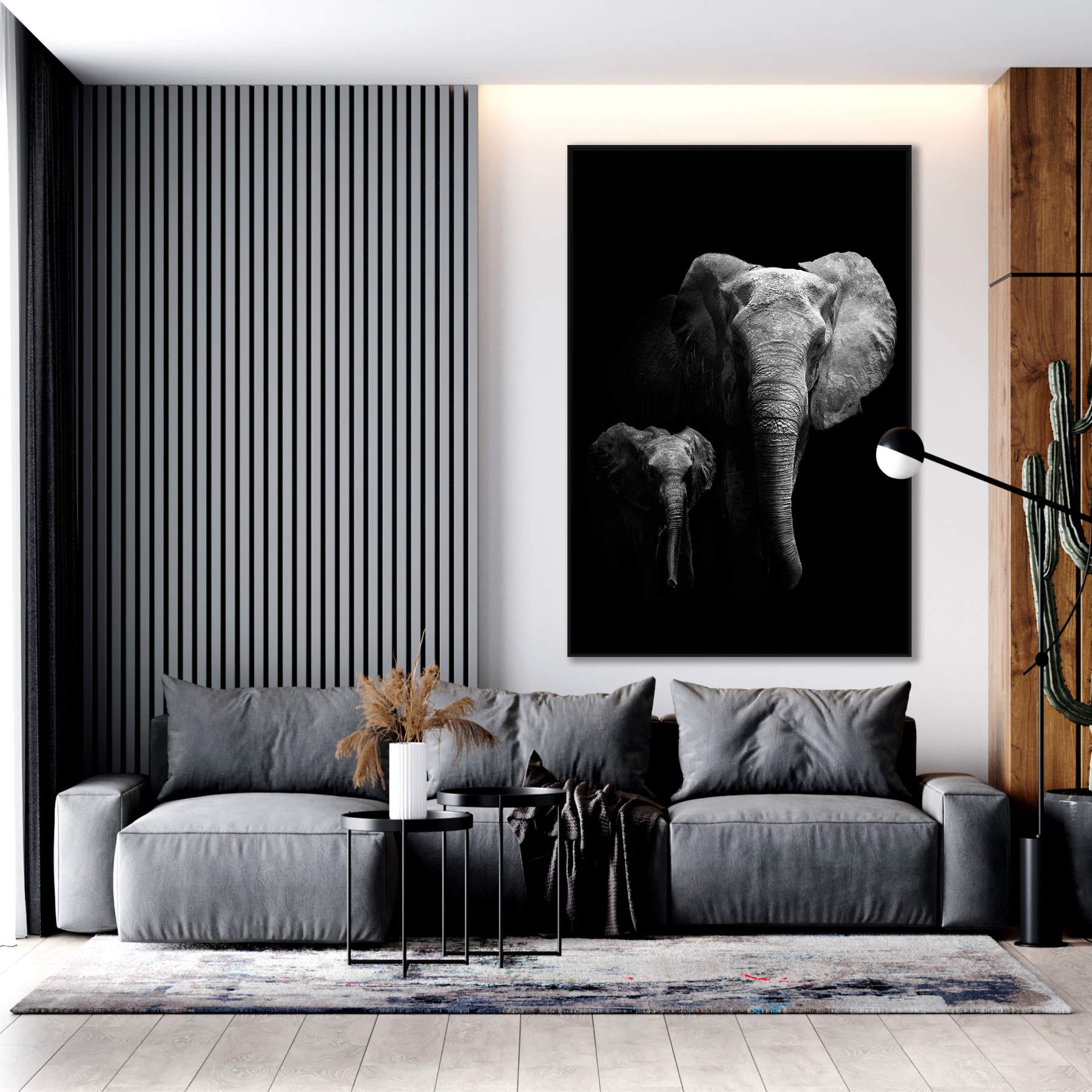 Quadro com Fotografia de Elefante Adulto e Filhote