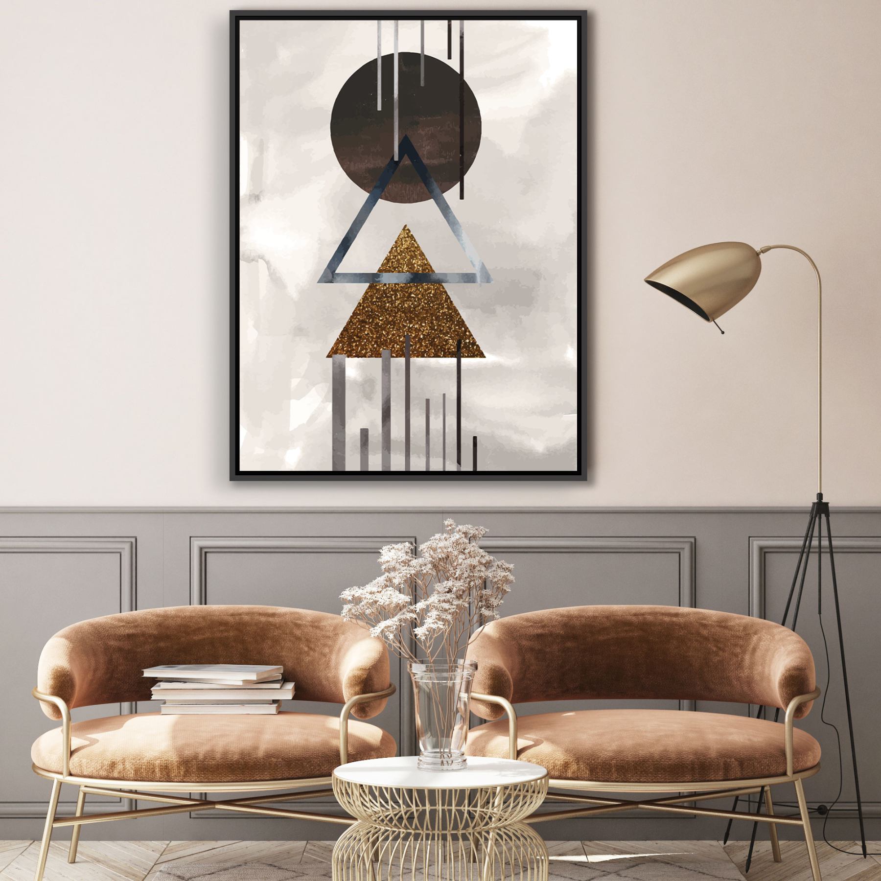 Quadro Decorativo Geométrico em Tons de Marrom Cinza e Dourado