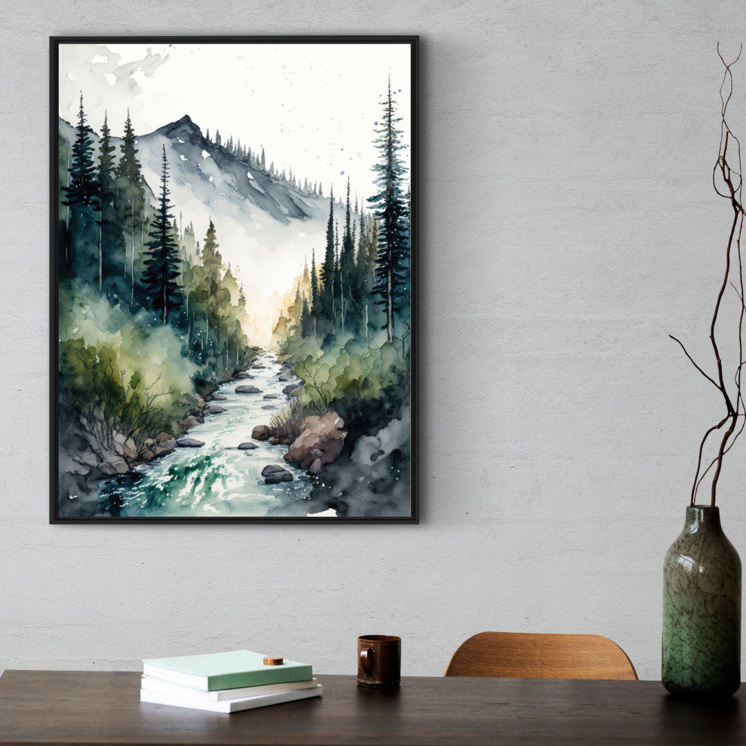 Quadro Decorativo Paisagem com Floresta e Rio em Aquarela