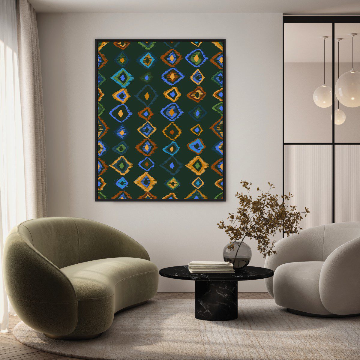 Quadro Geométrico Colorido com Fundo Verde