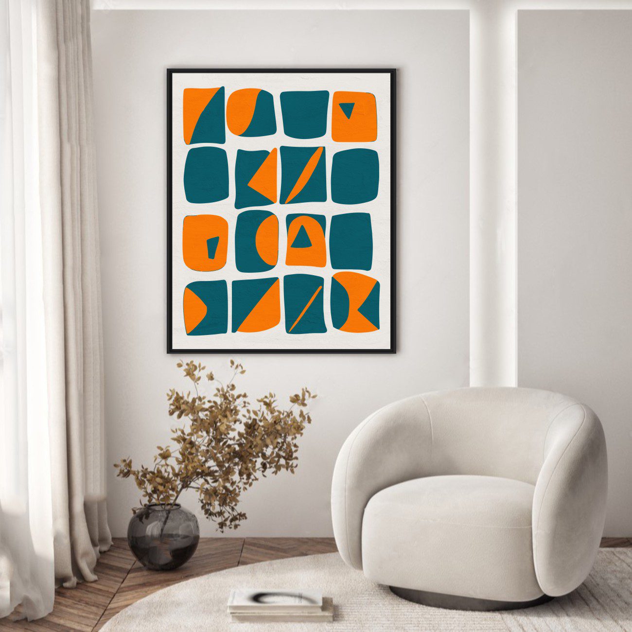 Quadro Geométrico em Tons de Azul e Laranja