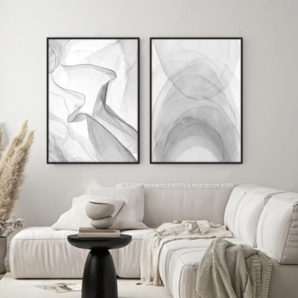 Conjunto com 2 Quadros Abstratos em Tons de Cinza