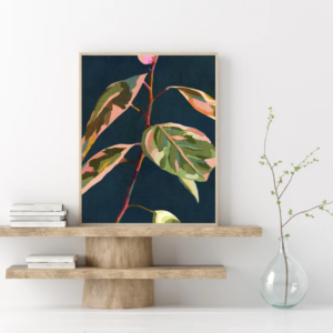 Quadro com Ilustração de Folhas e Fundo Azul Escuro