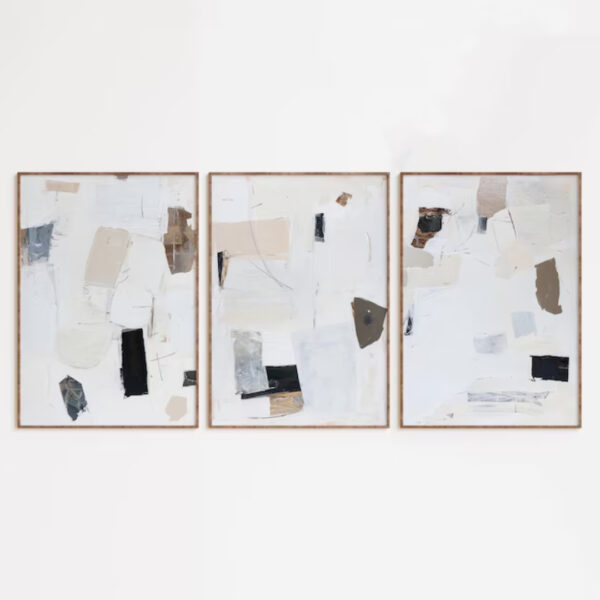 Conjunto com 3 Quadros Abstratos em Tons Neutros