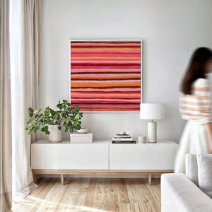Quadro Decorativo Arte Abstrata com Listras Rosa, Vermelho e Laranja