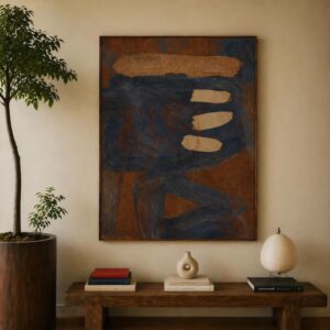 Quadro com Arte Abstrata Neutra em Tons Terrosos, Pintura Moderna Rústica em Azul e Marrom